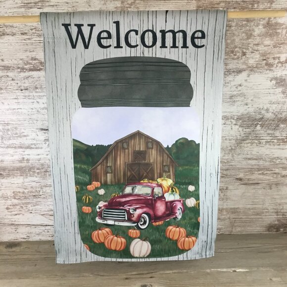 Welcome Mason Jar Scene with Red Truck and Pumpkins Fall Garden Flag - Picture 2 of 5